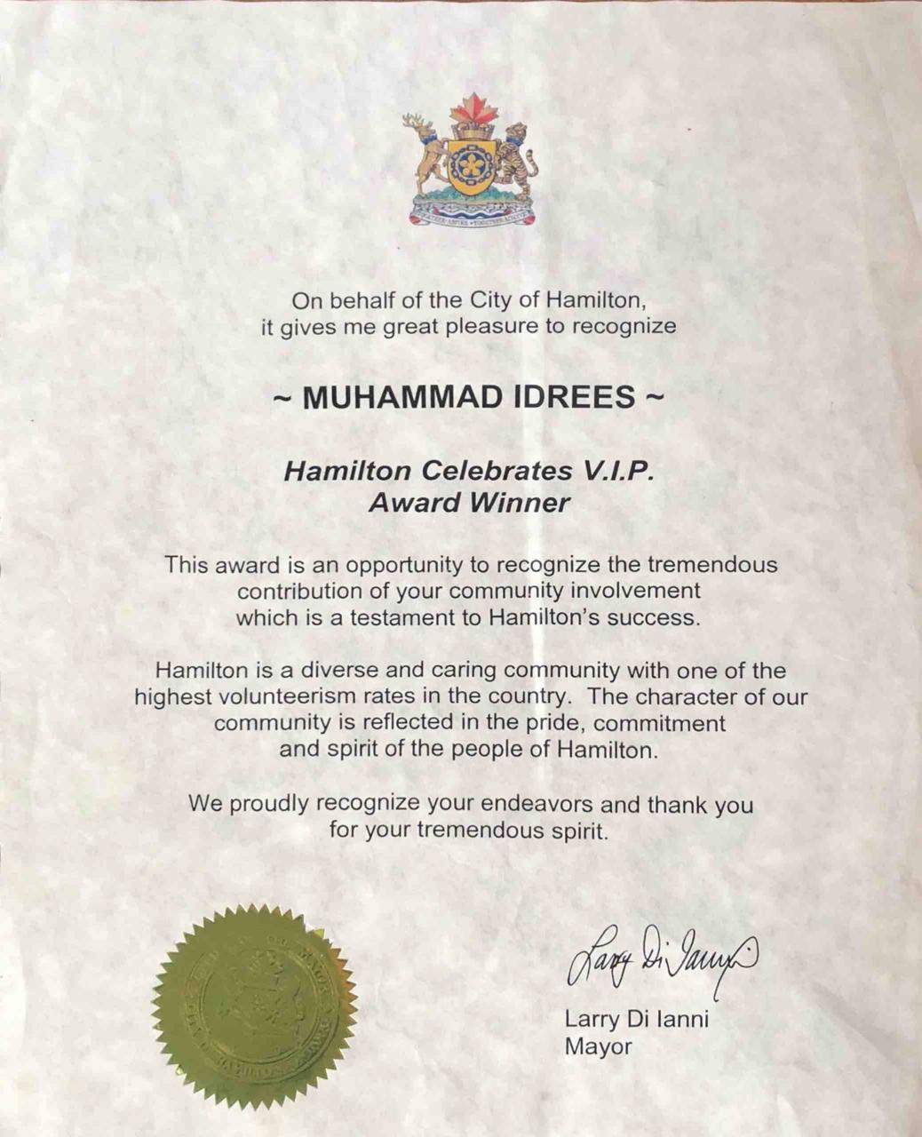 Hamilton VIP Award Certificate