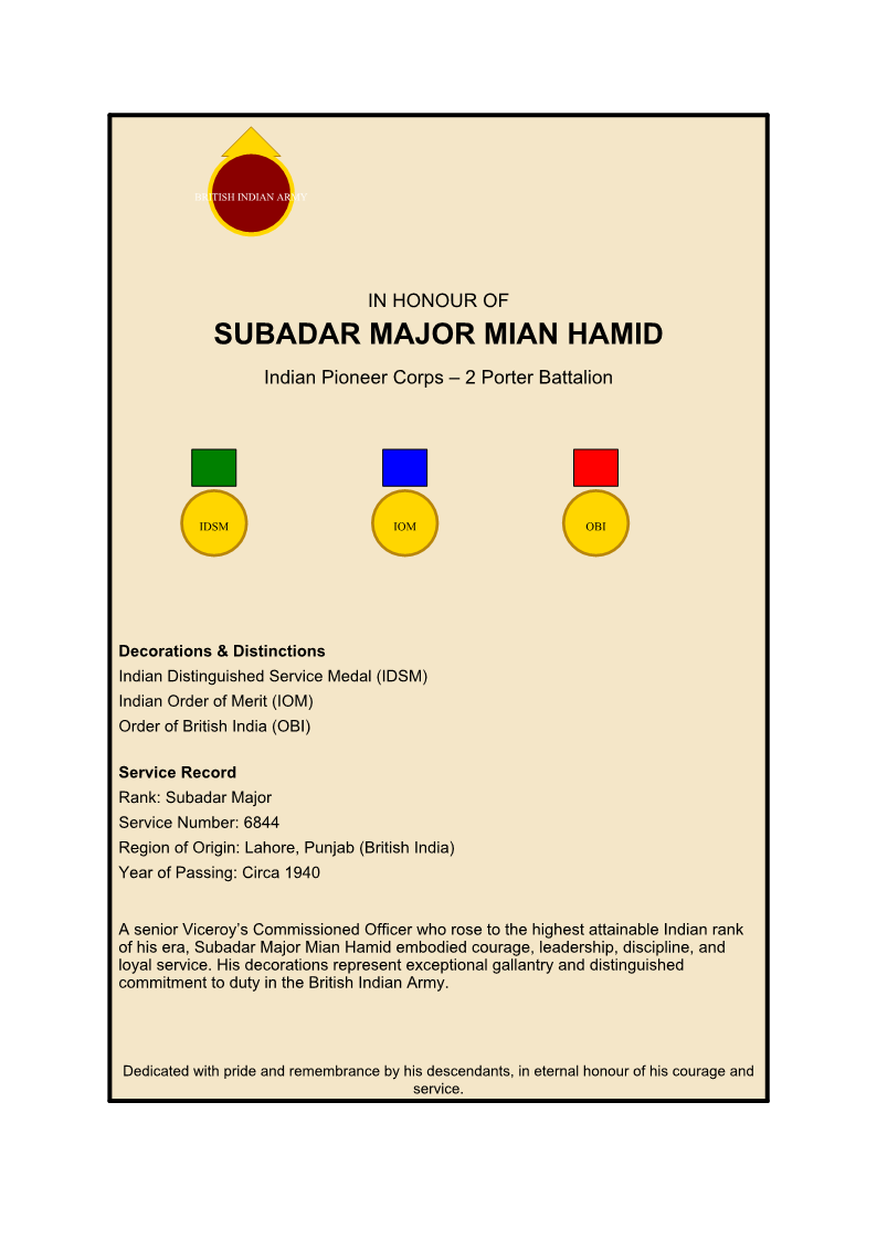 Honour Certificate of Subadar Major Mian Hamid — British Indian Army